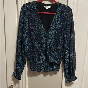 Blue Wrap Fitted Long Sleeve Blouse